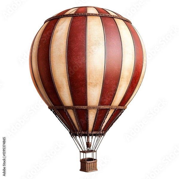 Fototapeta Vintage red and white striped hot air balloon with wicker basket on a transparent background Concept of adventure, travel, and steampunk