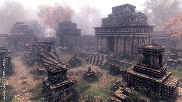 Obraz A misty, ancient temple complex in ruins.