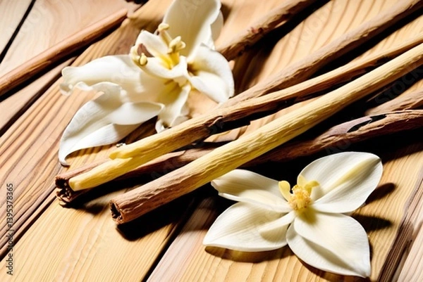 Fototapeta Vanilla Flowers and Sticks on Rustic Wooden Table – Natural Aromatic Spice Composition

