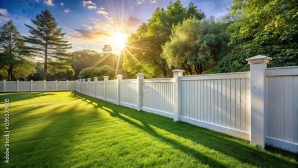 Fototapeta Serene sunset illuminates a pristine white vinyl fence enclosing a lush green lawn, creating a picture of peaceful suburban tranquility.