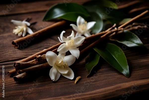 Fototapeta Vanilla Flowers and Sticks on Rustic Wooden Table – Natural Aromatic Spice Composition

