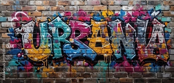 Fototapeta  Bold Colors Tag Style Graffiti Art Printed on a Textured Acrylic Block Brick Wallpaper