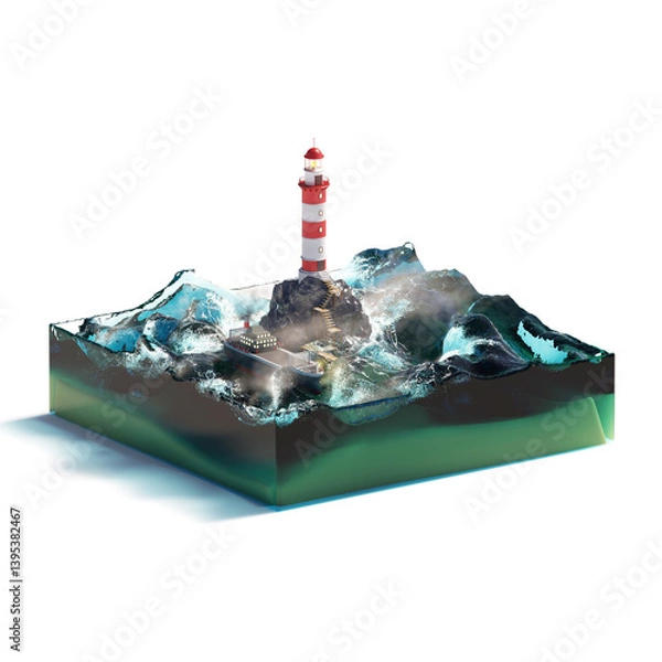 Fototapeta Lighthouse on a rock with ship in a stormy sea on white background. Isometric View. 3D Rendering