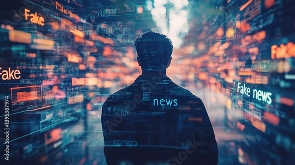 Fototapeta Silhouette of a man standing amidst a digital stream of the words "Fake" and "News" in a futuristic cyberspace