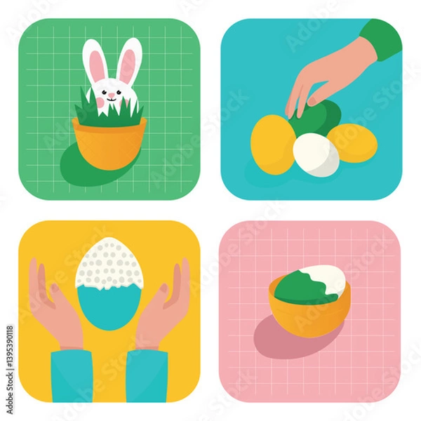 Fototapeta Set of 4 flat illustrations for the Easter holiday. Hand reaches for dyed eggs. Egg painting. Dyeing eggs. Easter bunny in a basket.
