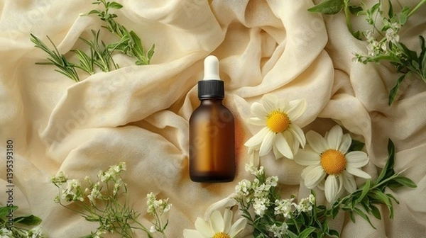 Fototapeta Aesthetic arrangement of a natural skincare bottle, fresh herbs, and soft, flowing fabric.