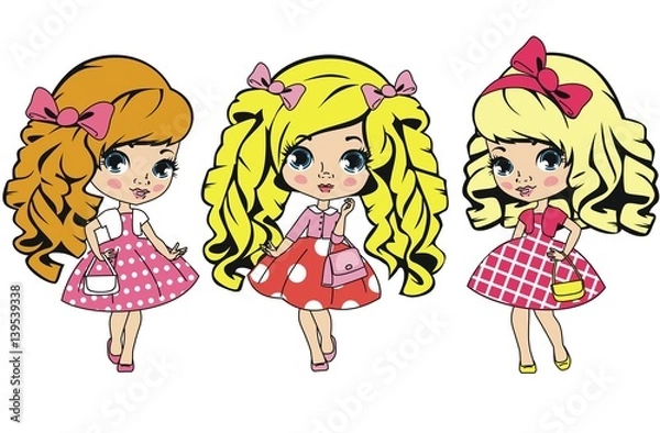 Obraz Три девочки с локонами в ретро платьях изолированные на белом фоне