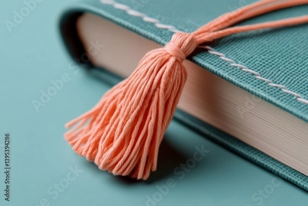 Fototapeta Close-up View of a Book Cover with a Pink Tassel Bookmark on a Teal Background