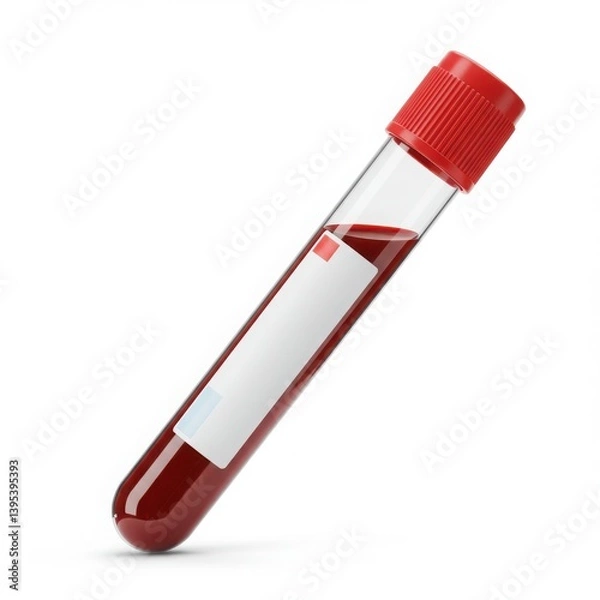 Obraz Photorealistic render of a medical test tube with blood sample, red cap, and white label isolated on white background