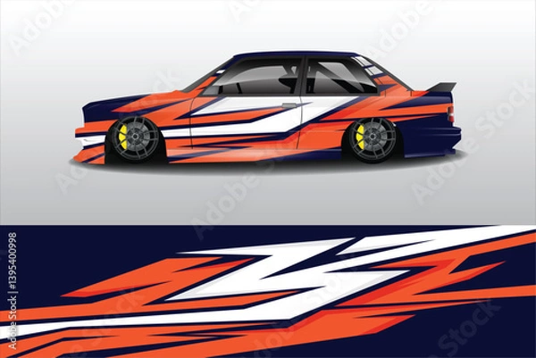 Fototapeta Vibrant racing car design showcasing dynamic graphics and sleek silhouette against a minimalist background