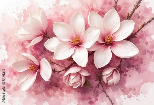 Obraz  Overhead White Magnolias Subtle Gradations, Artistic Interpretation Fluid Watercolor Style, Airy Perspective