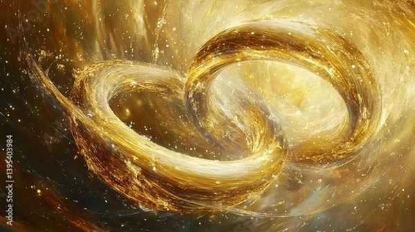 Fototapeta Golden fractal swirl with colorful patterns and heart-like energy design