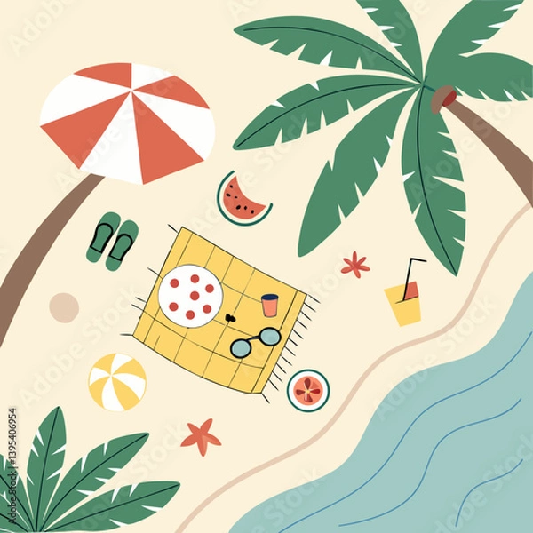 Fototapeta Seaside Holiday Scene with Sandcastles and Shells