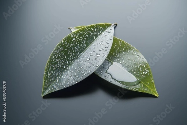 Obraz Glistening dewdrops on delicate green leaves create a peaceful scene, emphasizing calmness in a minimalist composition.