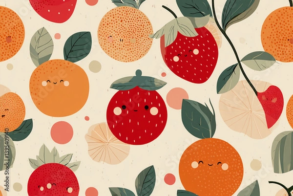 Obraz Cartoon oranges and strawberries with happy faces, arranged on a beige background with leaves and dots, creating a cheerful, playful illustration perfect for a food blog or children's product