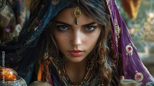 Fototapeta A fortune teller gazing into a crystal ball, with ethereal lights and shadows creating a magical atmosphere