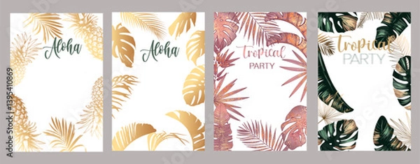 Obraz Set of tropical invitation templates with elegant leaves, pineapples and hand lettering. Stylish summer cards with gold, watercolor and modern botanical design. Vector editable layout
