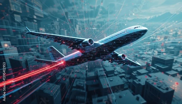 Fototapeta  Data Stream Journey A Glitch Art Airplane Icon Flies Through a Corrupted Global Network Display