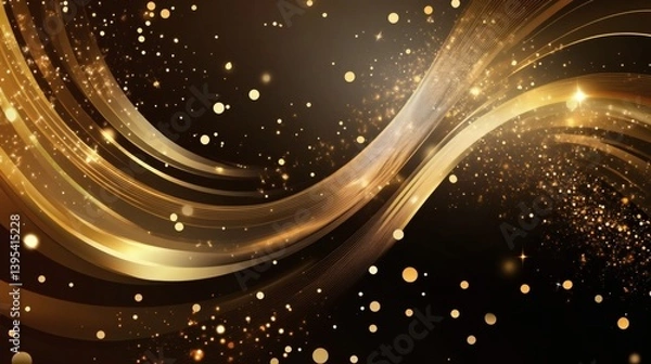 Fototapeta A golden abstract design with swirling lines and shimmering particles.