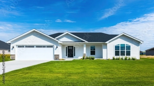 Fototapeta Ranch Style Home with White Siding and Green Lawn