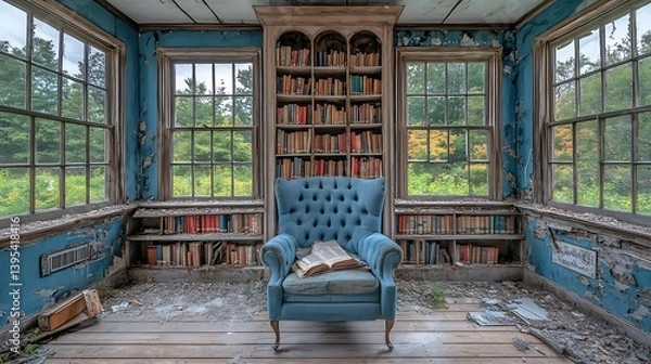 Obraz A faded teal armchair sits in a decaying library corner, surrounded by aged books.