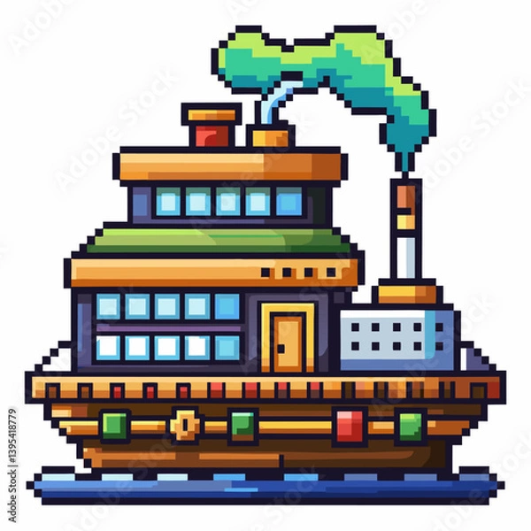 Fototapeta Colorful Pixel Art Steamship on Blue Water   Retro Styled Pixelated Ship Illustration