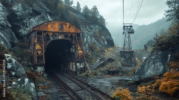 Obraz An abandoned coal mine with old, rusty equipment and a cableway running through a picturesque European landscape