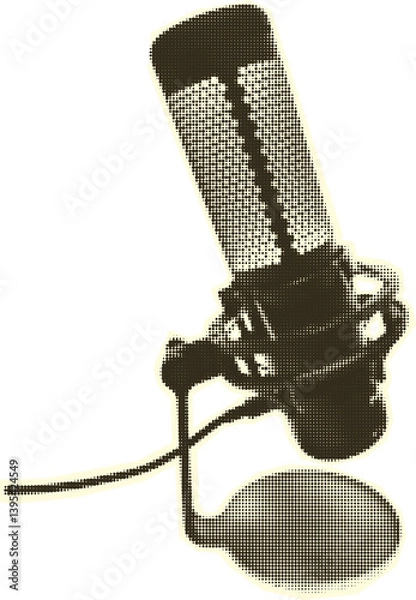 Fototapeta Studio microphone for podcast. Halftone trendy cut out paper collage element isolated on yellow background Karaoke mic, recording broadcast, online radio, streaming audio service. Vector illustration