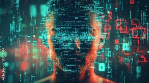 Fototapeta Digital human face with binary code overlayed on a blurred background.