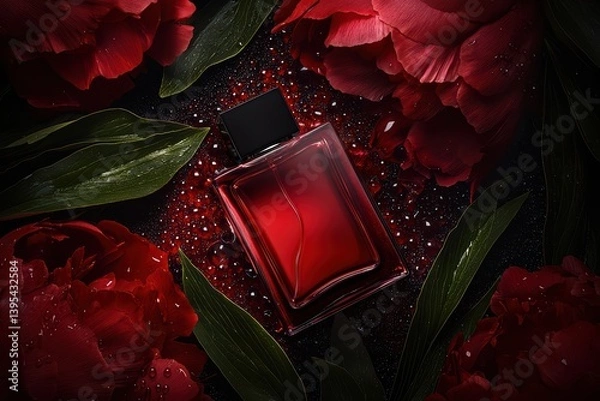 Fototapeta stunning perfume bottle surrounded by vibrant red peonies and lush green leaves, creating elegant and luxurious atmosphere. droplets of water add refreshing touch to composition