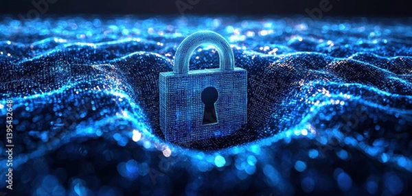 Fototapeta digital representation of padlock symbolizes data protection and privacy, surrounded by shimmering blue waves, evoking sense of security and technology