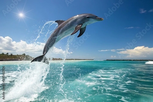 Fototapeta A bottlenose dolphin soars through the air, splashing in the bright blue ocean.