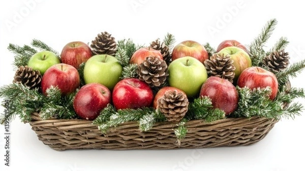 Fototapeta A rustic wicker basket overflowing with colorful apples and pine cones.