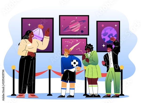Obraz Students on space museum guided tour. Vector illustration