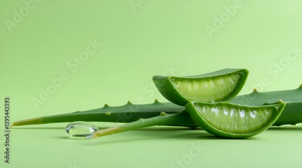 Obraz Aloe vera plant with sliced pieces and a drop of clear gel on a light green background.