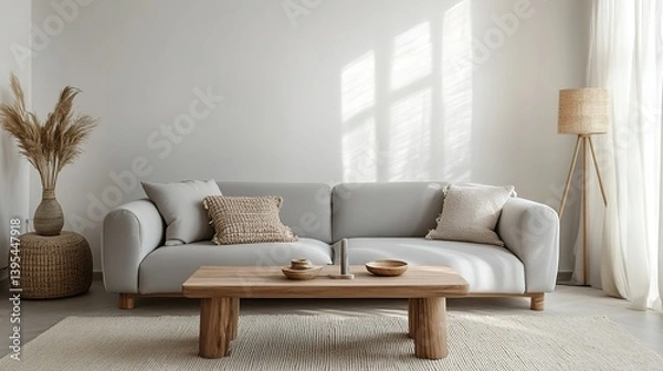 Fototapeta Minimalist living room with gray sofa, wooden coffee table, and rattan lamp, embodying modern simplicity and natural elegance.
