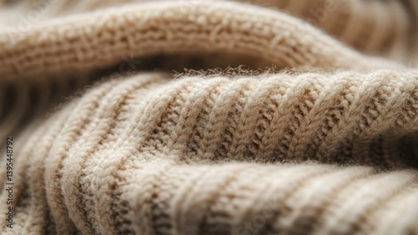 Fototapeta A soft, beige knitted fabric with a close-up showing the texture.