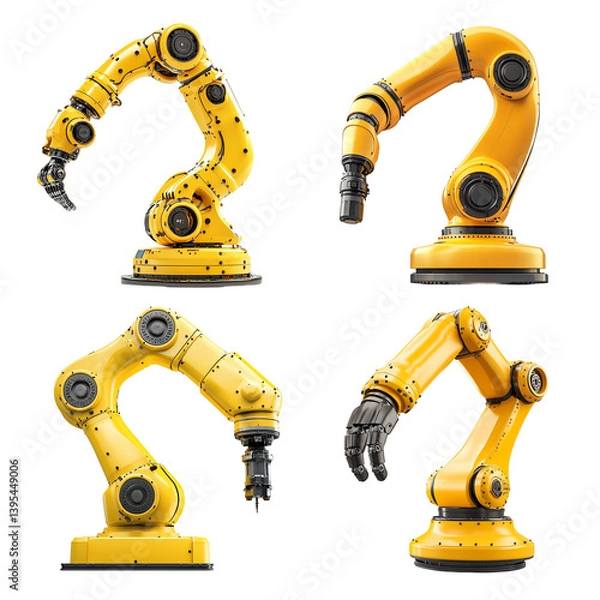 Fototapeta Yellow industrial robot arm isolated on transparent background. Automation machinery equipment high tech robotic engineering precision