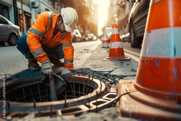 Fototapeta Worker over the open sewer hatch on a street near the traffic cones