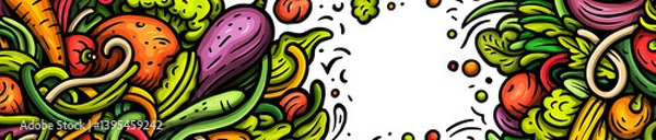 Obraz Vegetables cartoon doodle background. Veggies banner design. Nature elements and objects illustration. Bright colors funny picture.