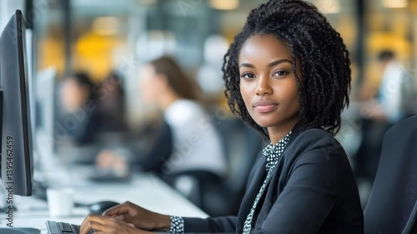 Fototapeta Woman at the office desk in business attire while colleagues work in the background