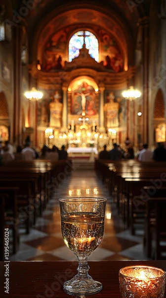 Fototapeta A single goblet of wine sits on a wooden table in a dimly lit church sanctuary du a religious service with congregants seated in pews.