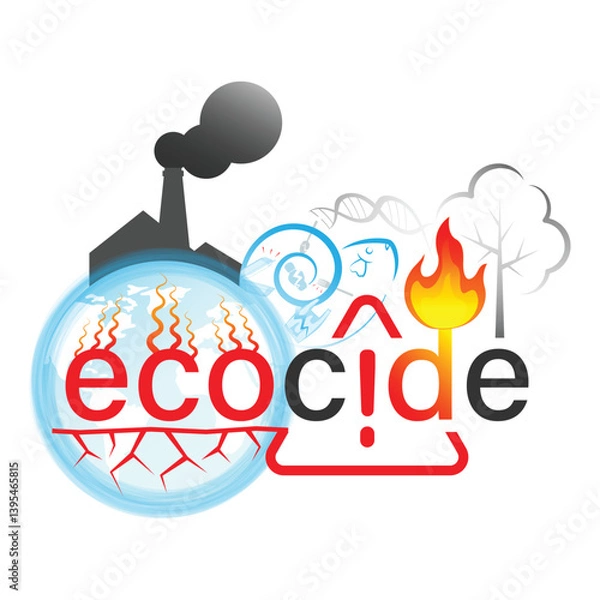 Obraz Creative "Ecocide" concept illustration showing environmental destruction with symbols of pollution, deforestation, global warming, and wildlife loss. Ideal for eco-awareness projects.