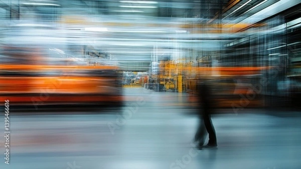 Fototapeta Motion blur photo of a modern factory interior with blurred worker silhouette.