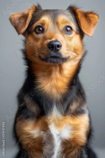 Fototapeta Adorable portrait of a mixed-breed short-haired dog sitting indoors with an expressive gaze, neutral blurred background, ideal for pet companionship, loyalty, and emotional connection themes