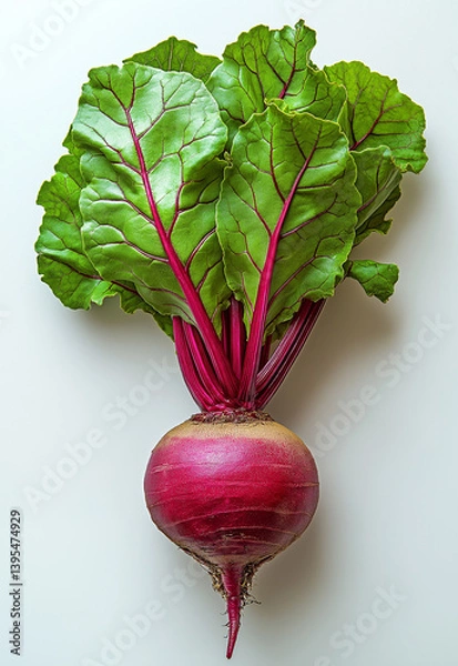 Fototapeta Fresh organic beetroot with vibrant green leaves and rich purple-red stem, isolated on white background, perfect for healthy food, vegetarian diet, and farm-to-table concepts