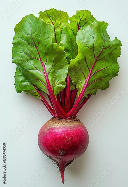 Fototapeta Fresh organic beetroot with vibrant green leaves and rich purple-red stem, isolated on white background, perfect for healthy food, vegetarian diet, and farm-to-table concepts