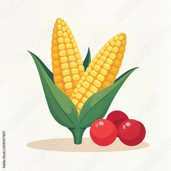 Fototapeta Illustration of corn on the cob and cranberries on a light background