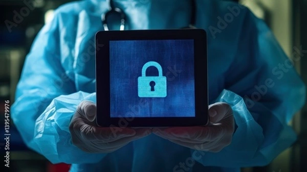 Fototapeta A doctor holds a tablet with a lock icon, emphasizing data security in healthcare.