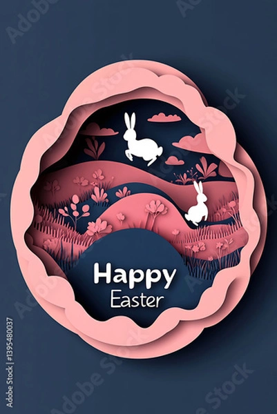 Fototapeta 3D Paper Art Easter Card with Playful Bunny and Spring Theme, Happy Easter concept